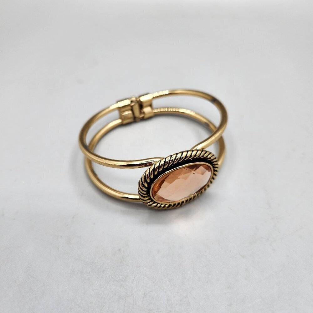 Bella Jack Hinged Gold Tone Cuff Bangle Bracelet Large Light Orange Rhinestone